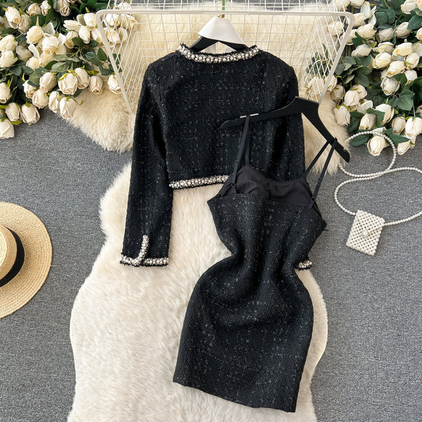 Boncuklu Blazer ve Slip Elbise Tweed 2 Parça