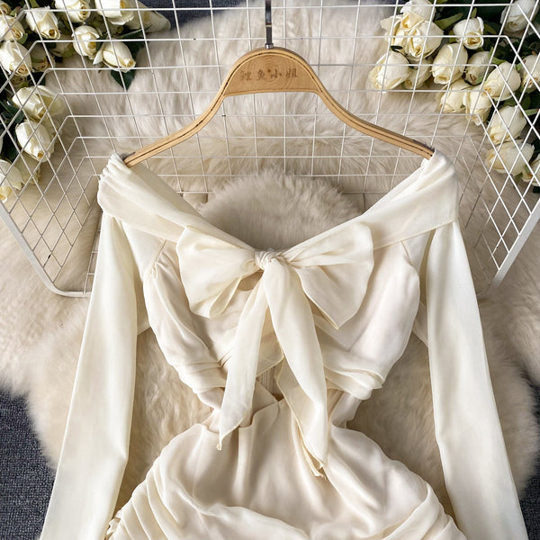 Off-shoulder Bow Hollowed Puffy Sleeve