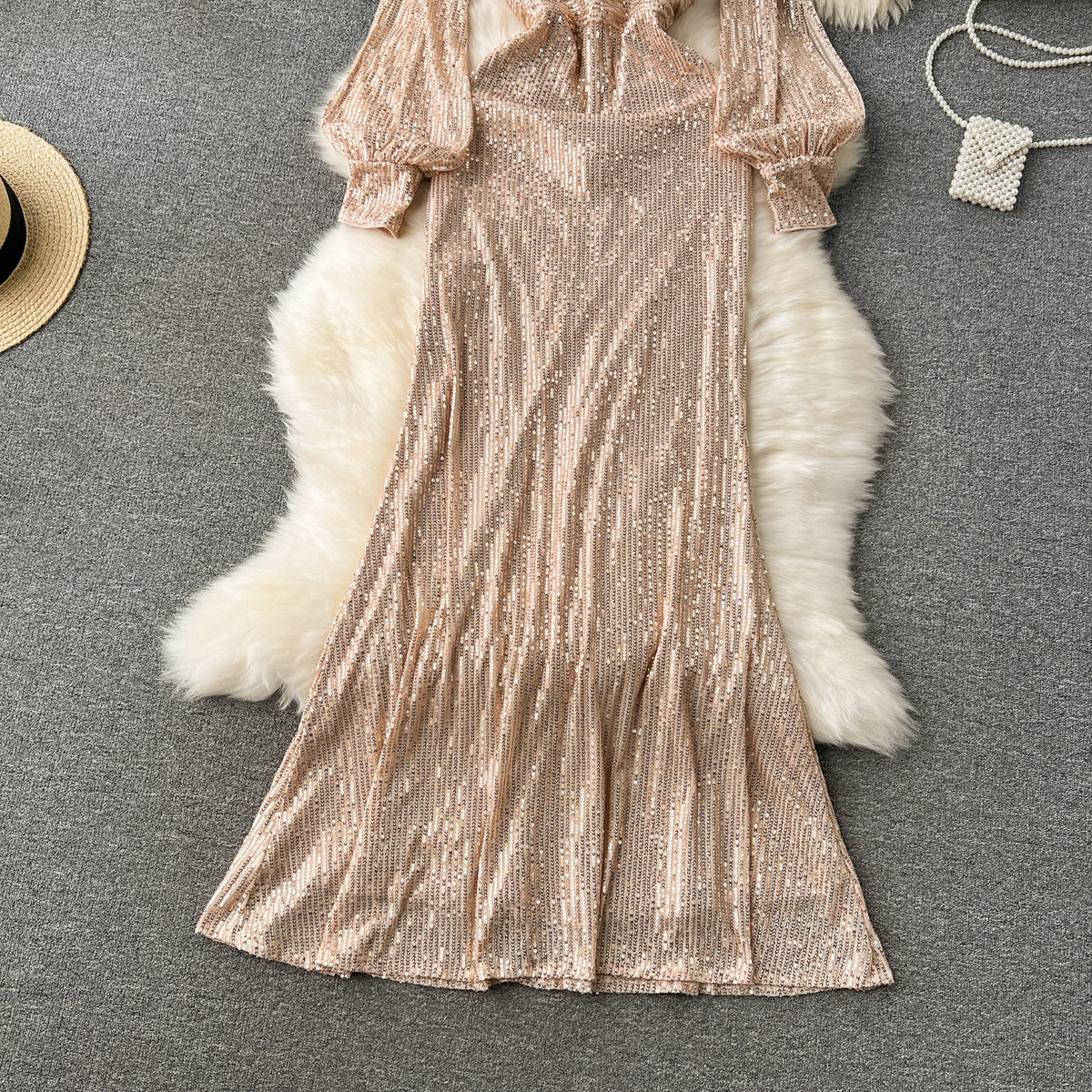Shiny V-neck Sequined Fishtail Dress