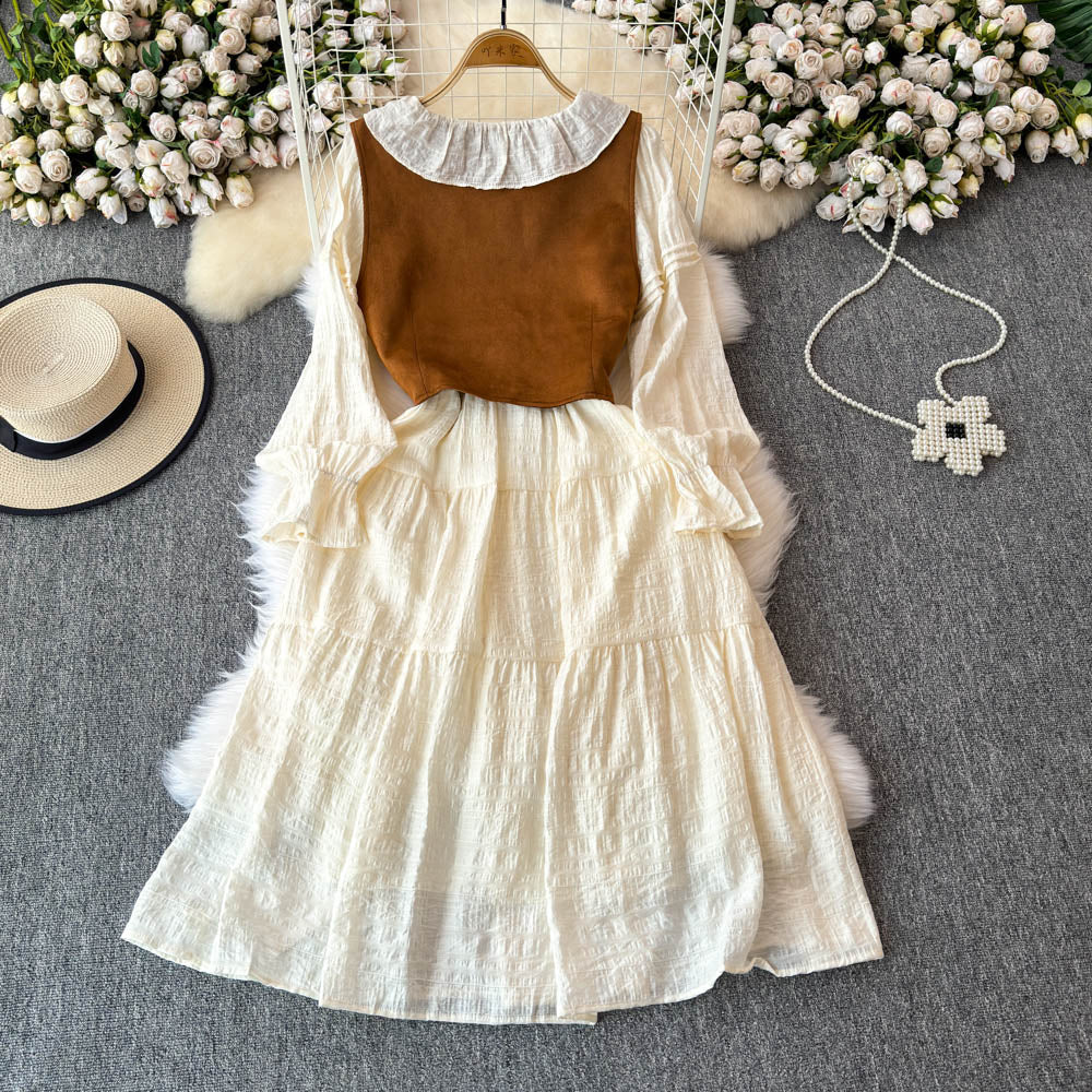 Vintage Vest&Lace-up Dress 2Pcs