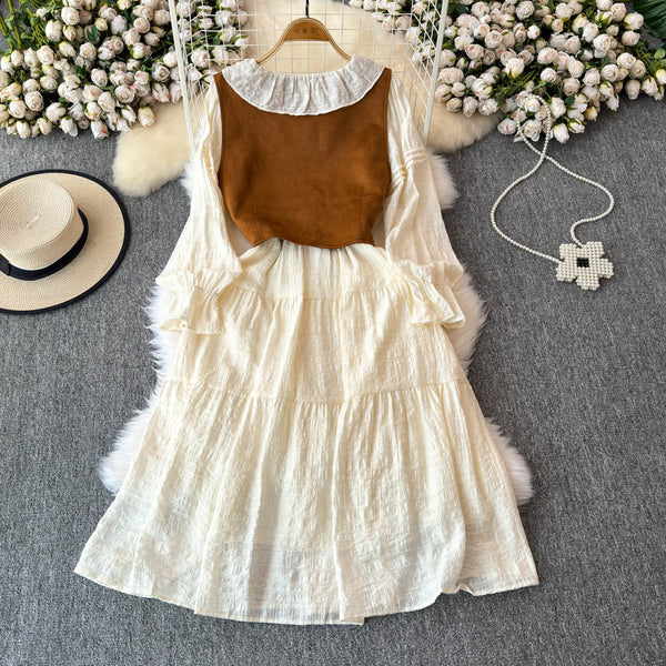 Vintage Vest&Lace-up Dress 2Pcs