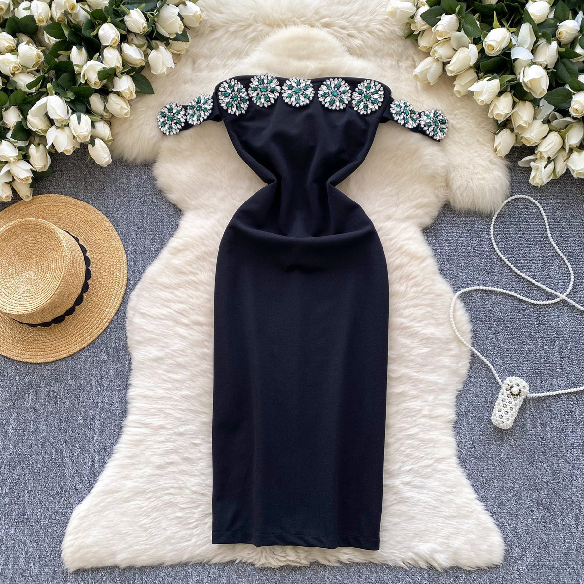 Beaded Sleeveless Black Party Dress