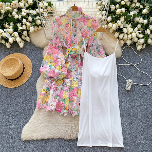 Hollowed Crochet Floral A-line Dress
