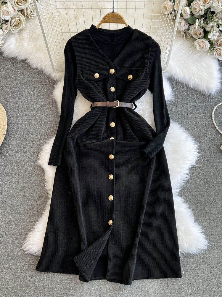 Corduroy Vest Dress&Knitwear 2Pcs
