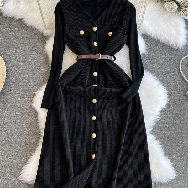 Corduroy Vest Dress&Knitwear 2Pcs