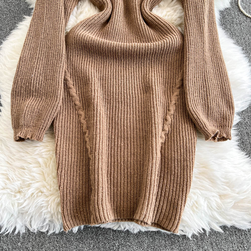 Ruffled Patchwork Khaki Knitted Dress
