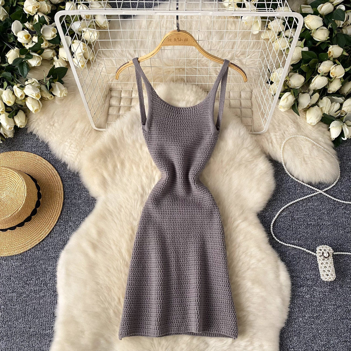Simple Design Backless Knitted Slip Dress