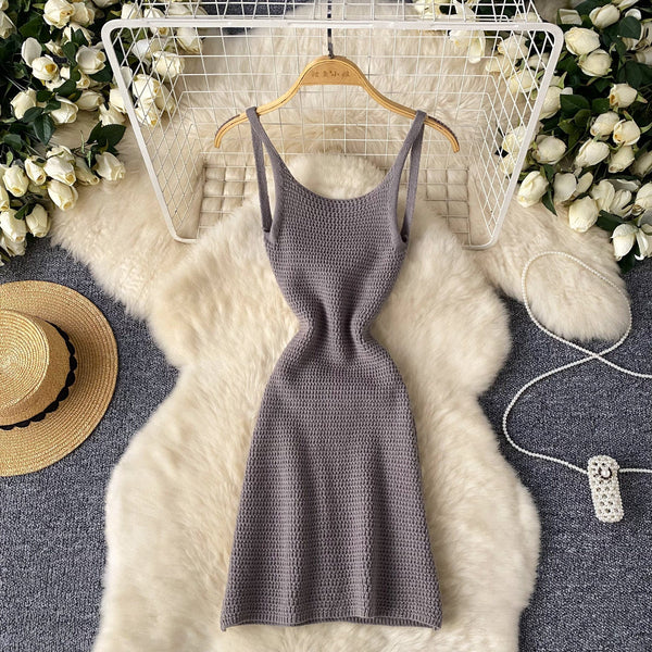 Simple Design Backless Knitted Slip Dress