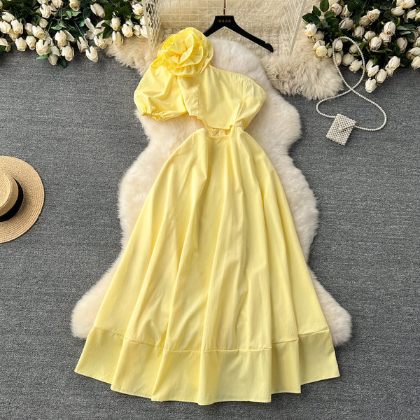 3D Floral One-shoulder Hollowed Dress