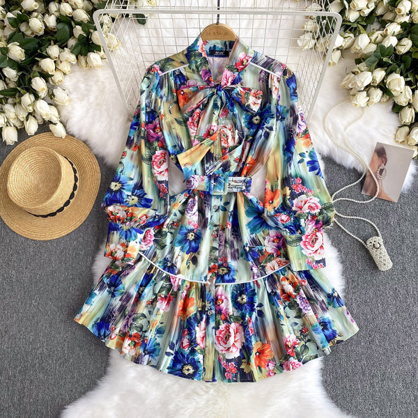 Vintage Lace-up Colorful Floral Shirt Dress