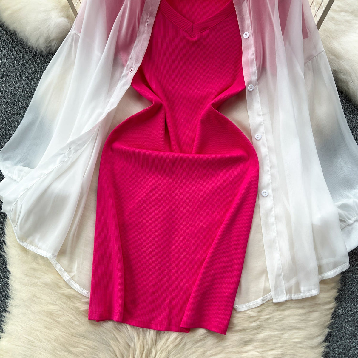 Bodycon Dress&Chiffon Cardigan 2Pcs