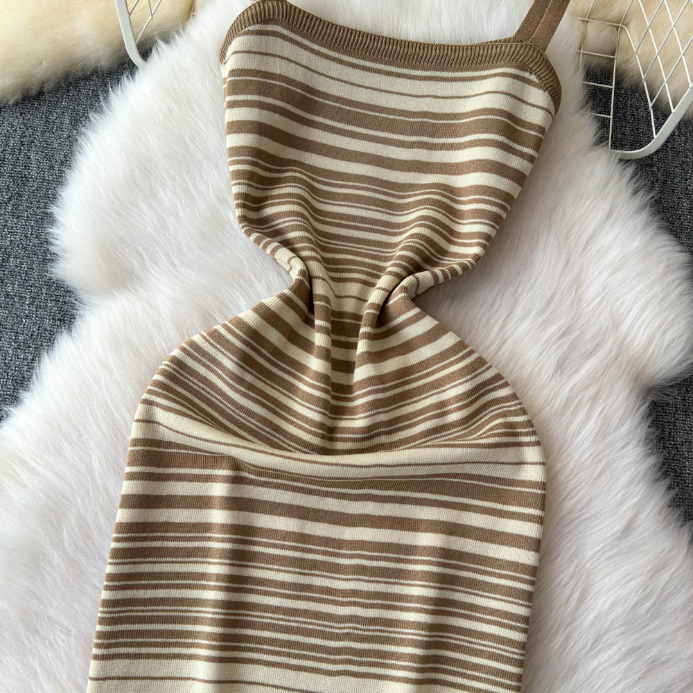Striped Slip Dress&Hollowed Sweater 2Pcs