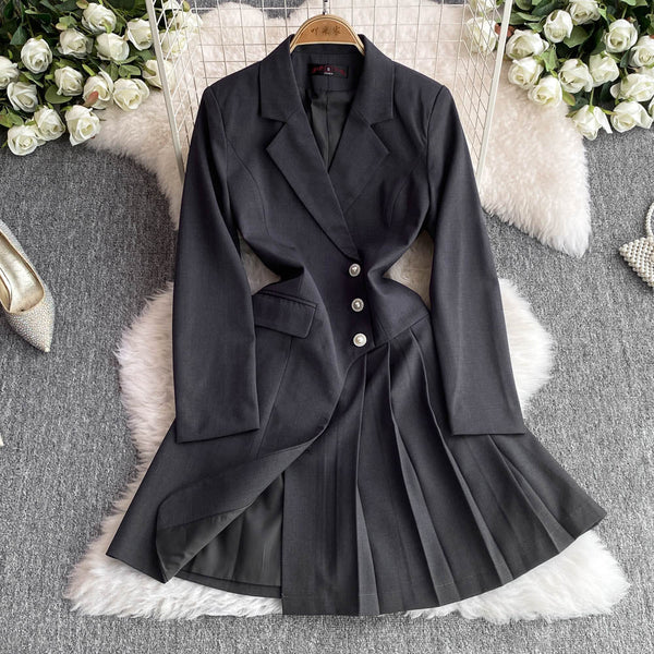 OL Outfit Pleated Black Suit Dress