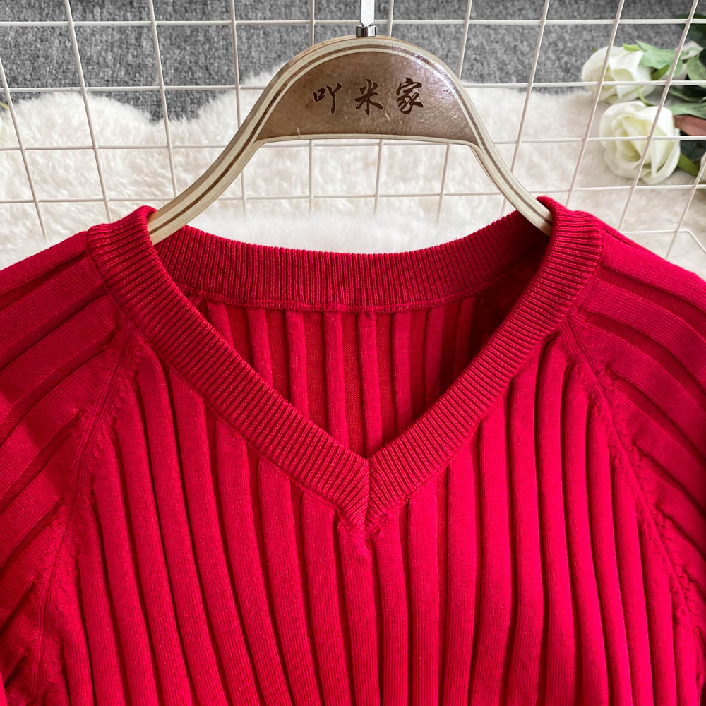 V-neck Elastic Knitted Dress with Belt