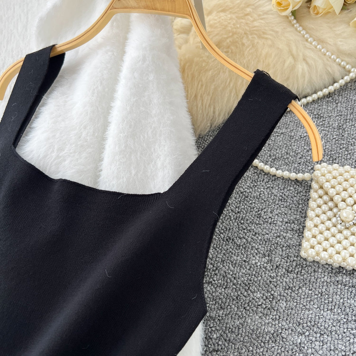 Black Vest Dress&White Cardigan 2Pcs