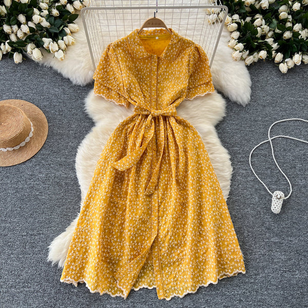 Vintage Polo Collar Embroidered Floral Dress