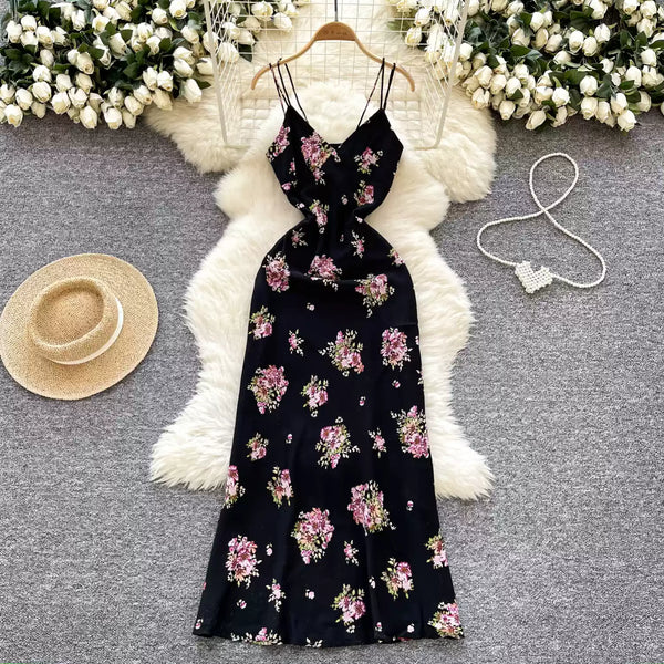 French Style Floral Black Slip Dress