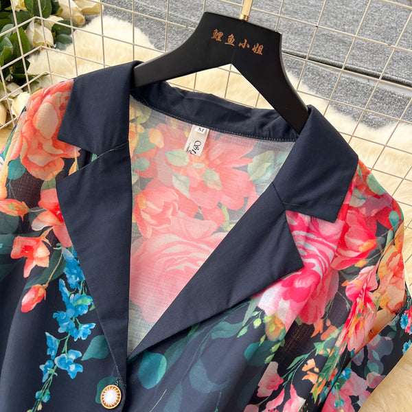 Vintage Colorful Floral Lapel Dress