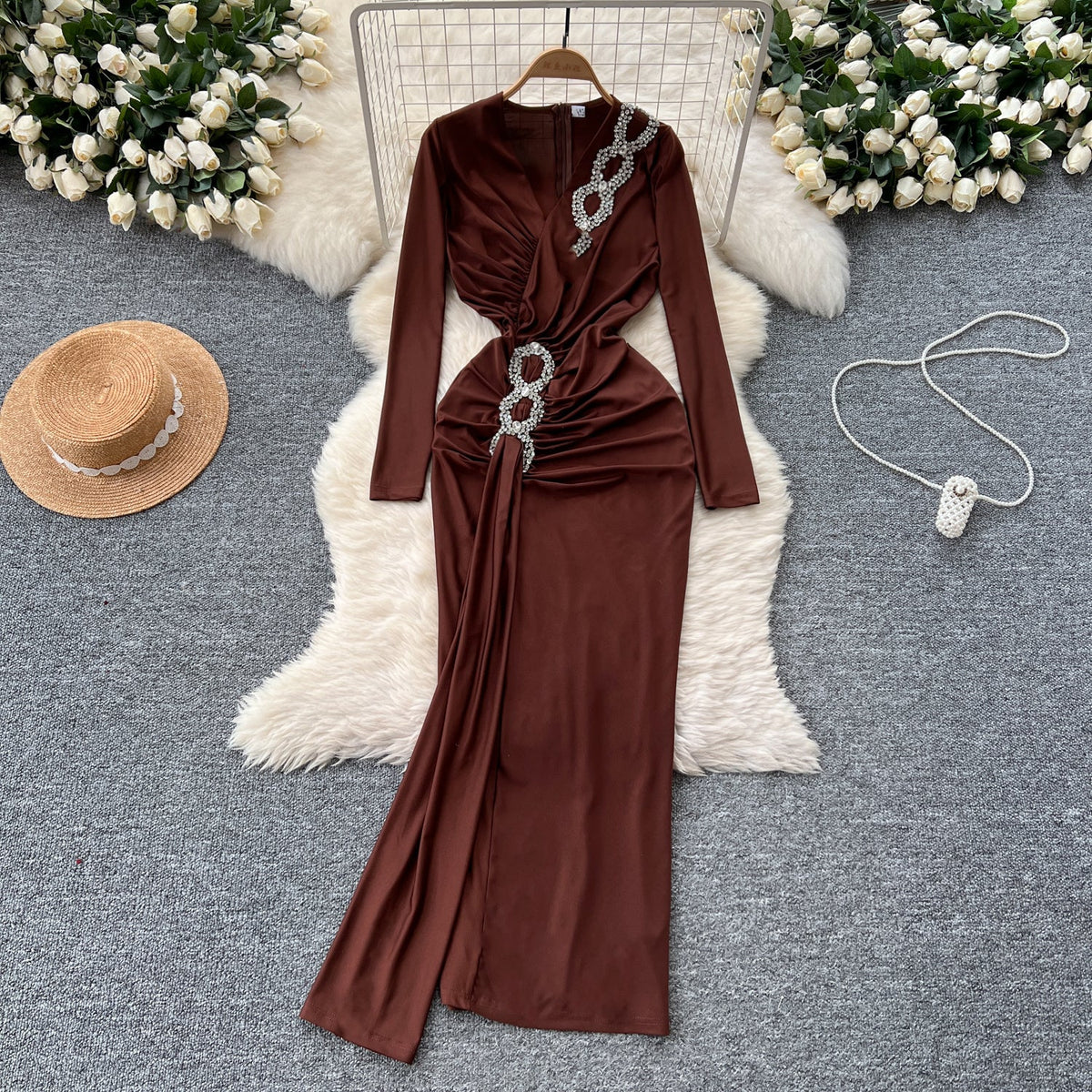 Premium V-yaka Rhinestone Taşlı Elbise