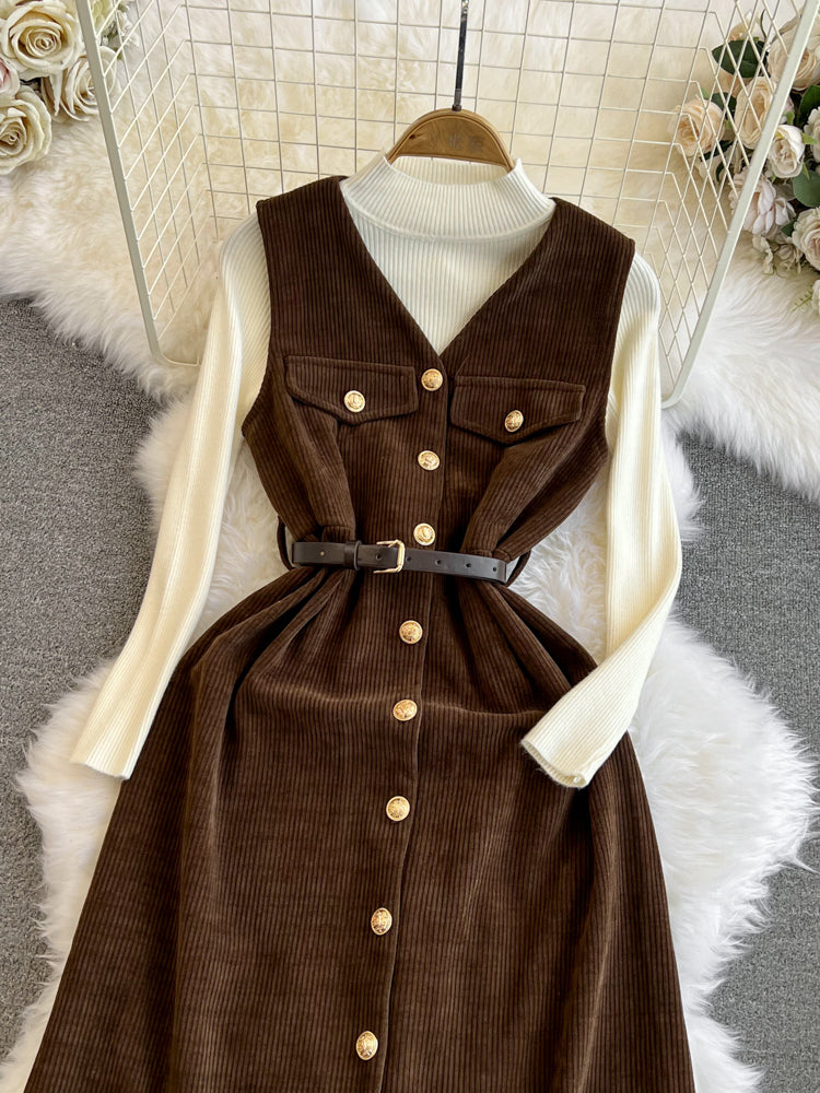 Corduroy Vest Dress&Knitwear 2Pcs