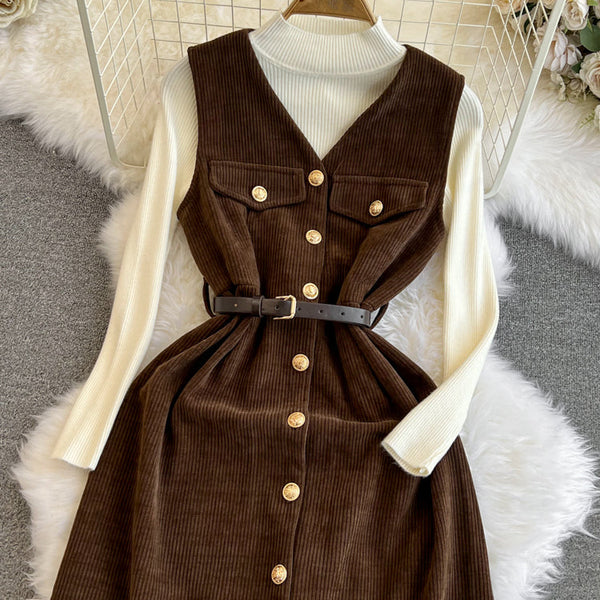 Corduroy Vest Dress&Knitwear 2Pcs
