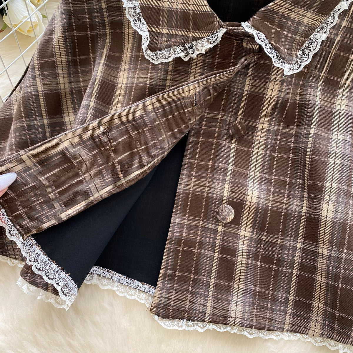 Faux Two-pieces Dress&Cape Plaid 2Pcs
