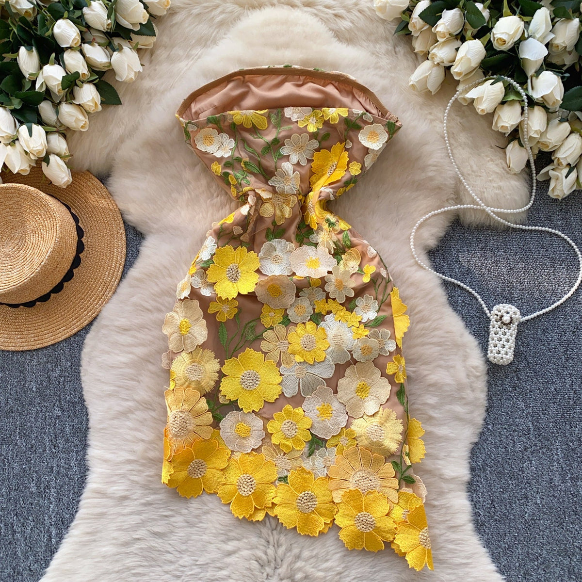 3D Yellow Flower Off-shoulder Dress