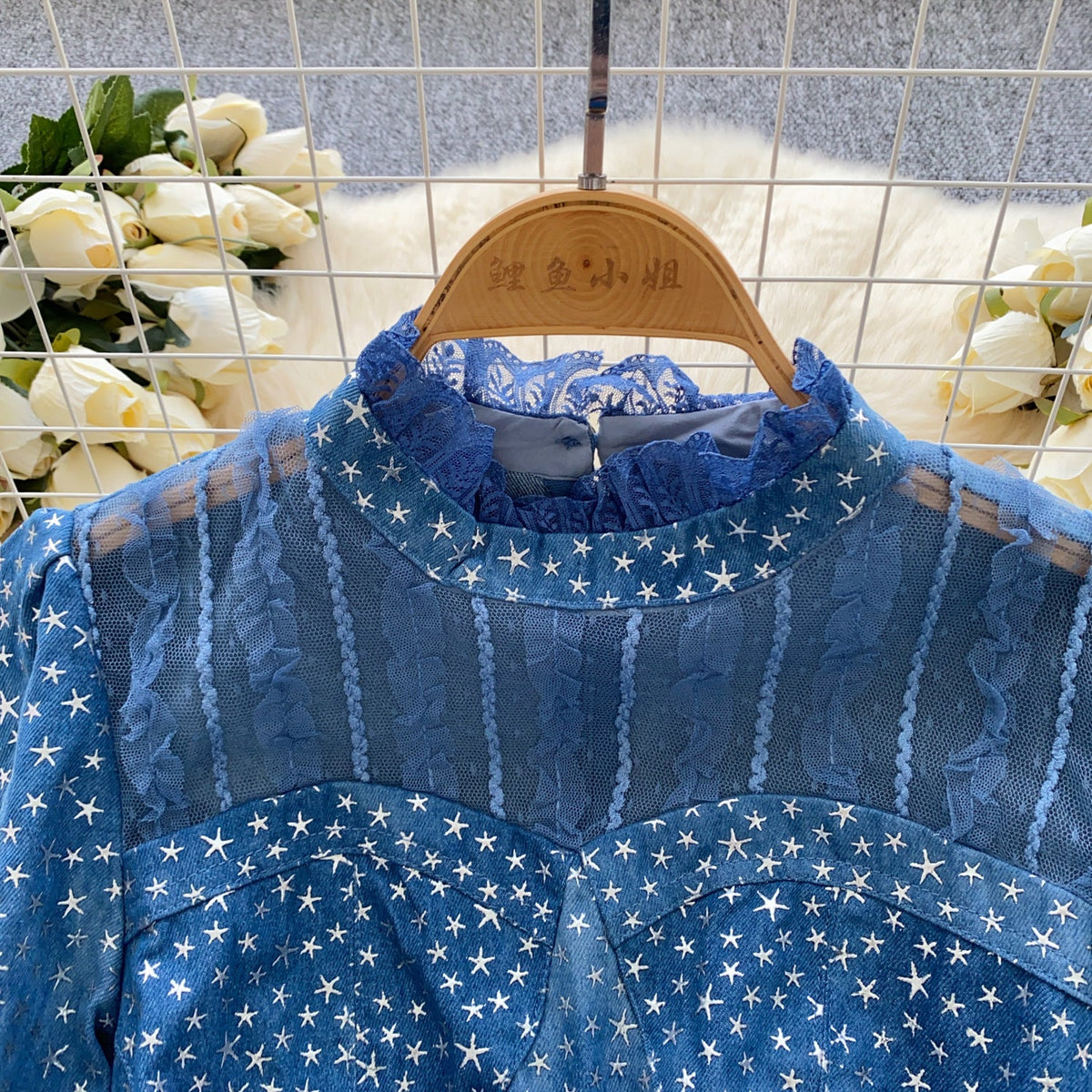 Stand Collar Star Printed Patchwork Dress