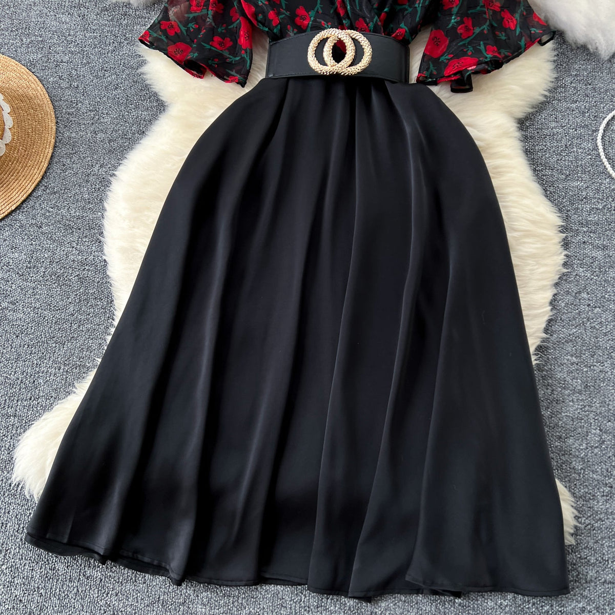 V-neck Floral Patchwork Black Dress