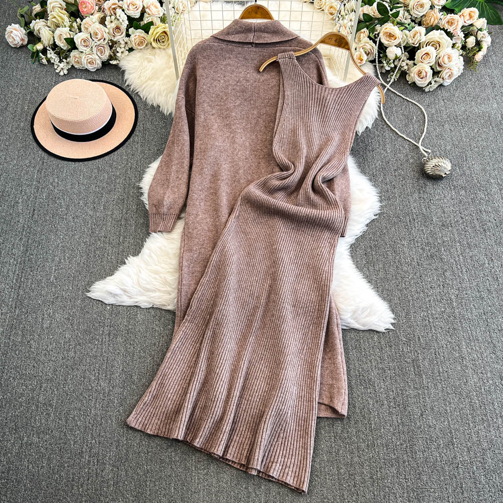 Openwork Cardigan&Vest Dress 2Pcs