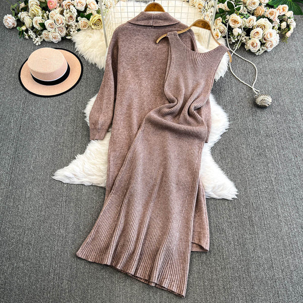 Openwork Cardigan&Vest Dress 2Pcs