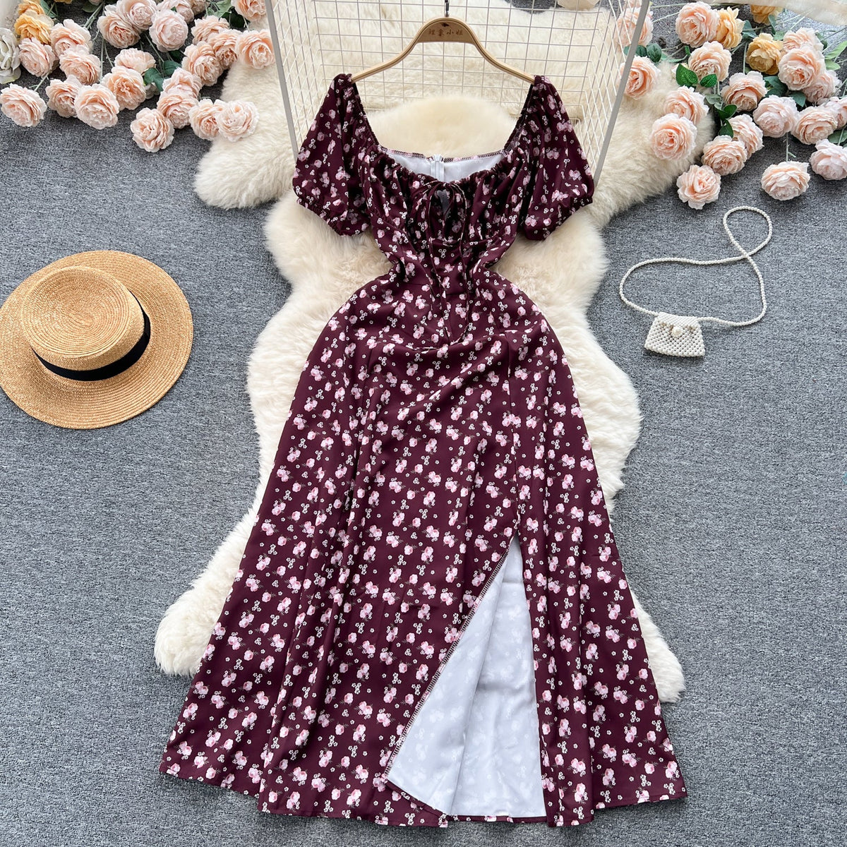Ruffled Neckline Floral Split Dress