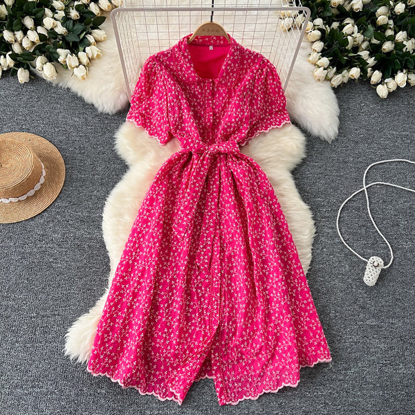 Vintage Polo Collar Embroidered Floral Dress