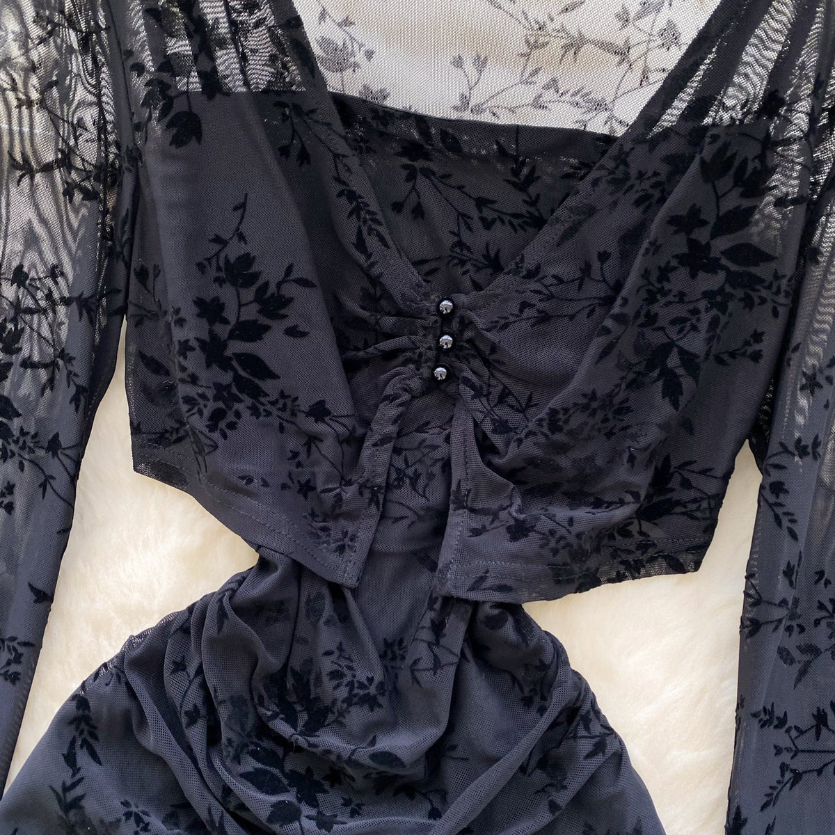 Mesh Cape & Embroidered Black Dress 2Pcs