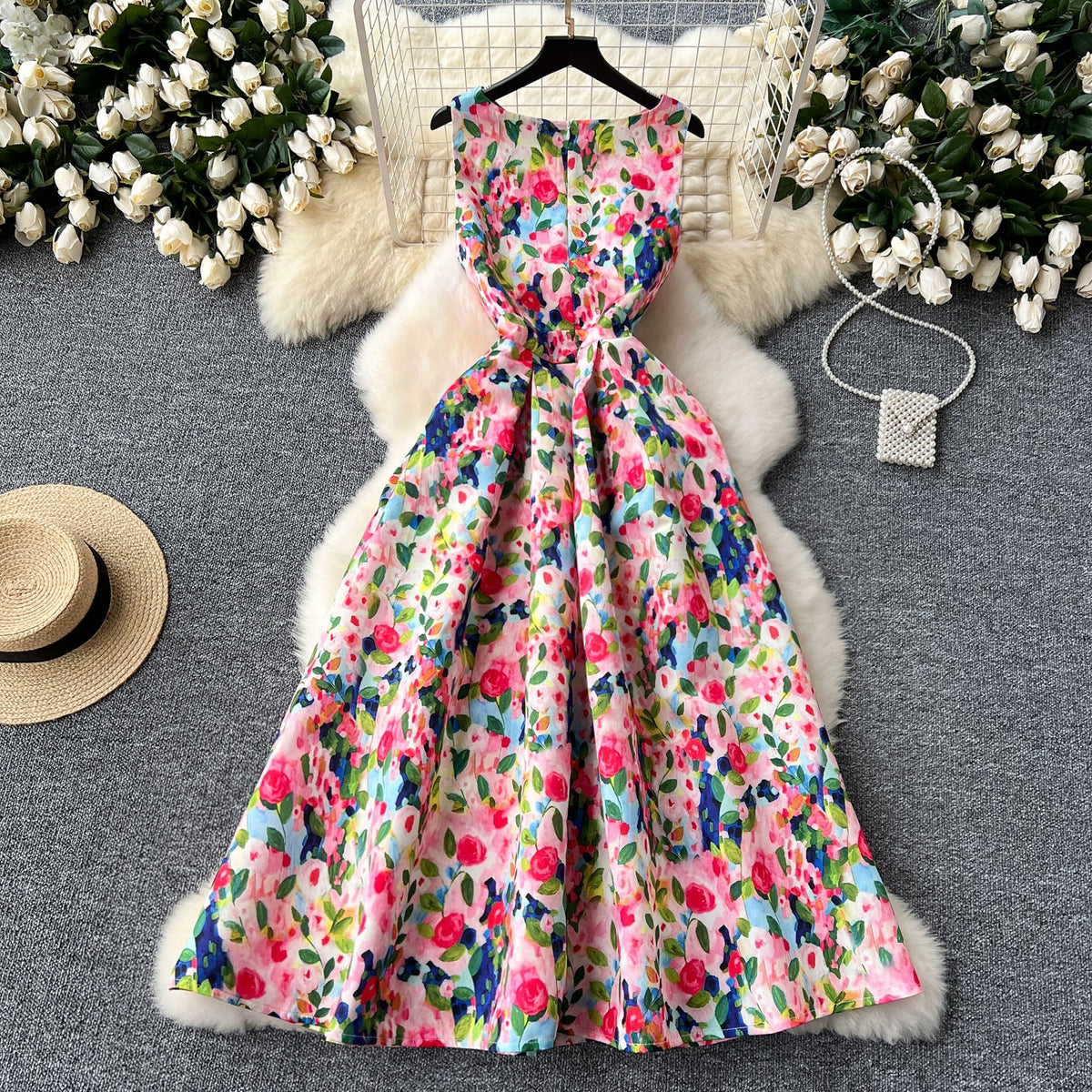 Colorful Floral Puffy Vest Dress