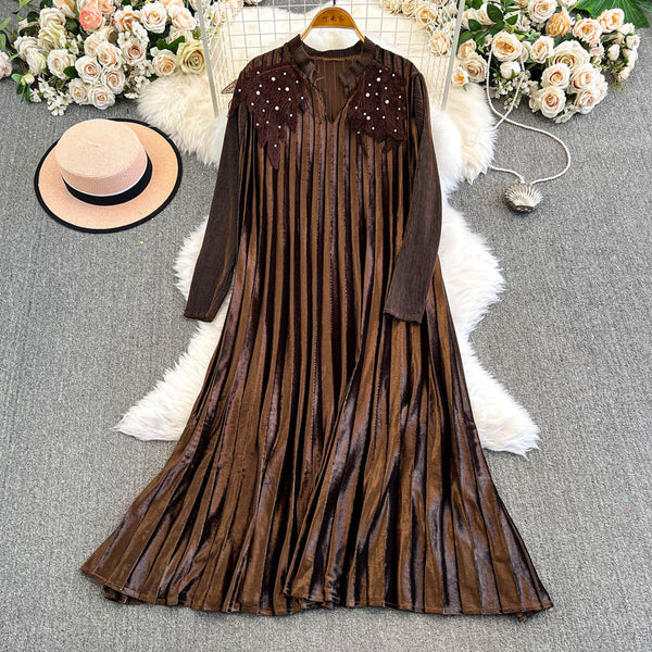 Beaded Shoulder Pleated Coffee Dress