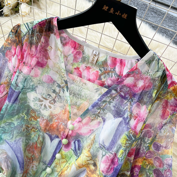 Fairy V-neck Floral Chiffon Dress