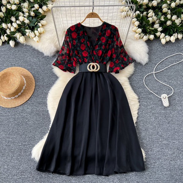 V-neck Floral Patchwork Black Dress