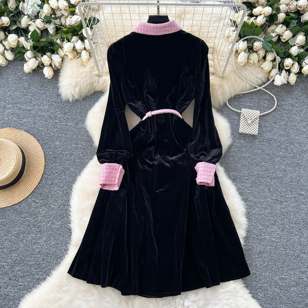 Vintage Lapeled Patchwork Black Dress
