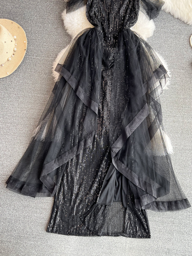 Ruffled Neckline Black Sequined Party Dress