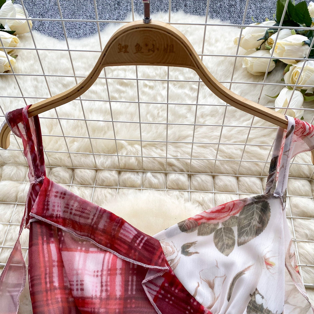 Plaid Floral Patchwork Slip Dress