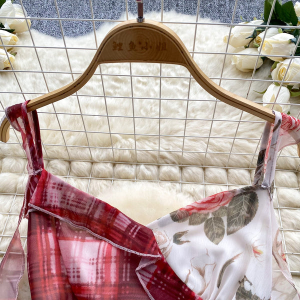 Plaid Floral Patchwork Slip Dress