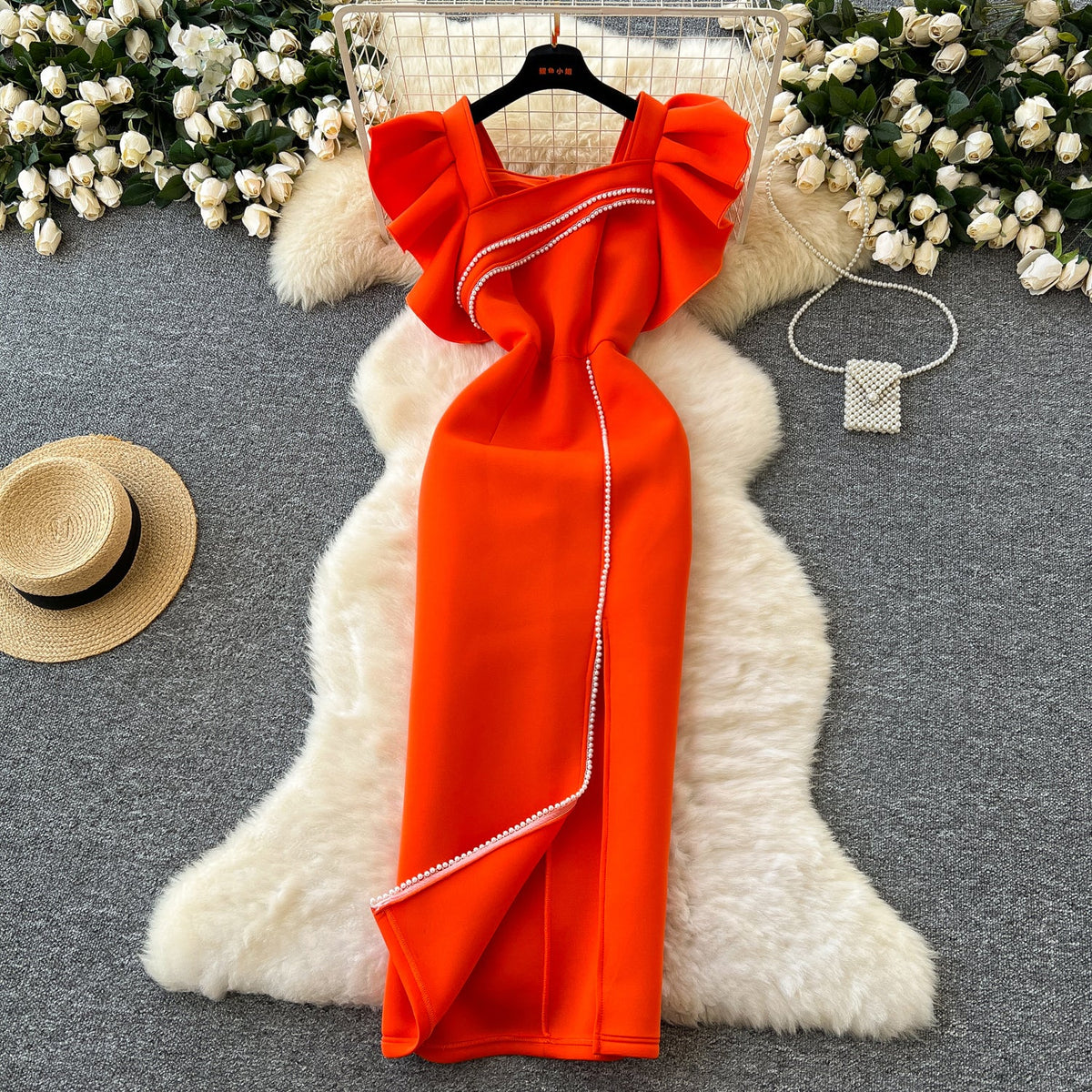 Ruffled Sleeve Sequined Orange Dress