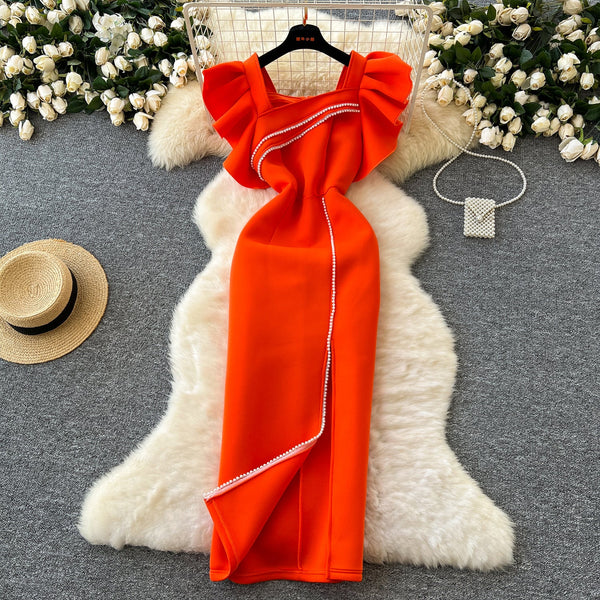Ruffled Sleeve Sequined Orange Dress