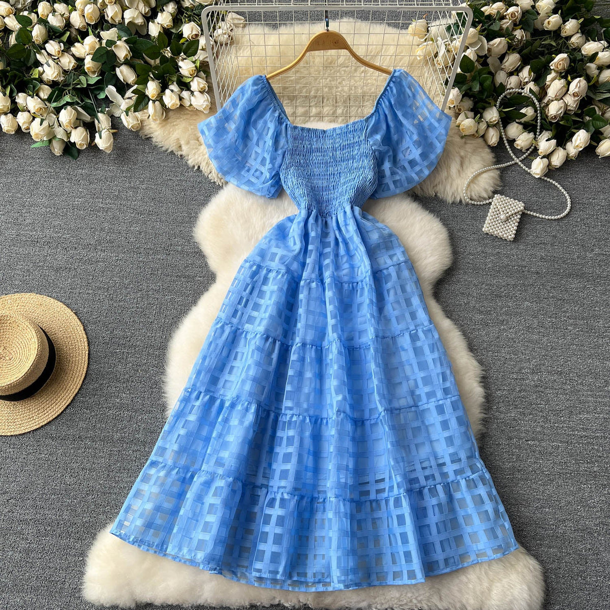 Solid Color Plaid Puffy Dress