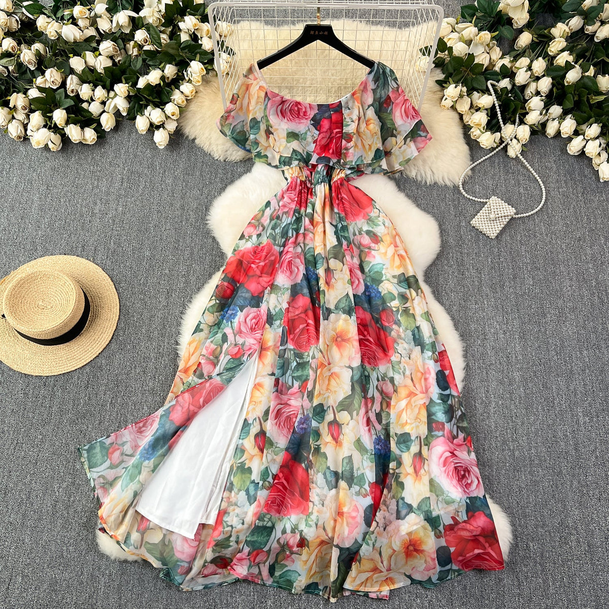 Fairy Ruffled Neckline Floral Dress