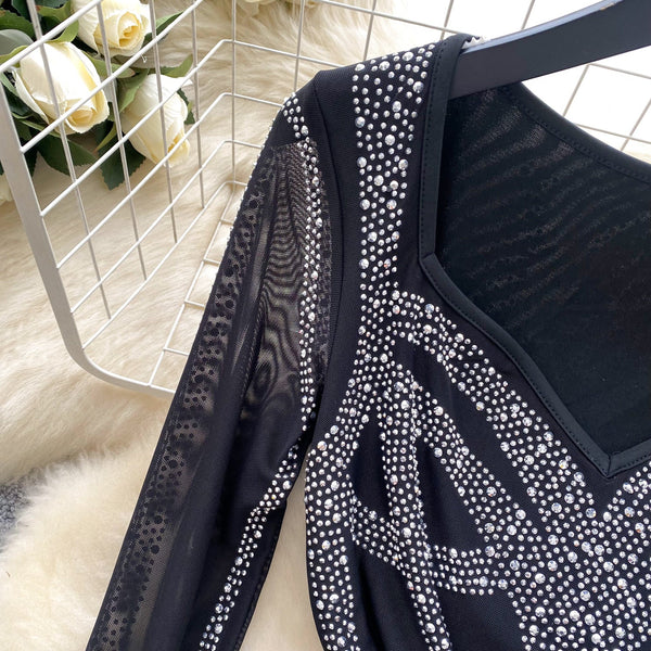 Vintage Rhinestone Studded Black Dress