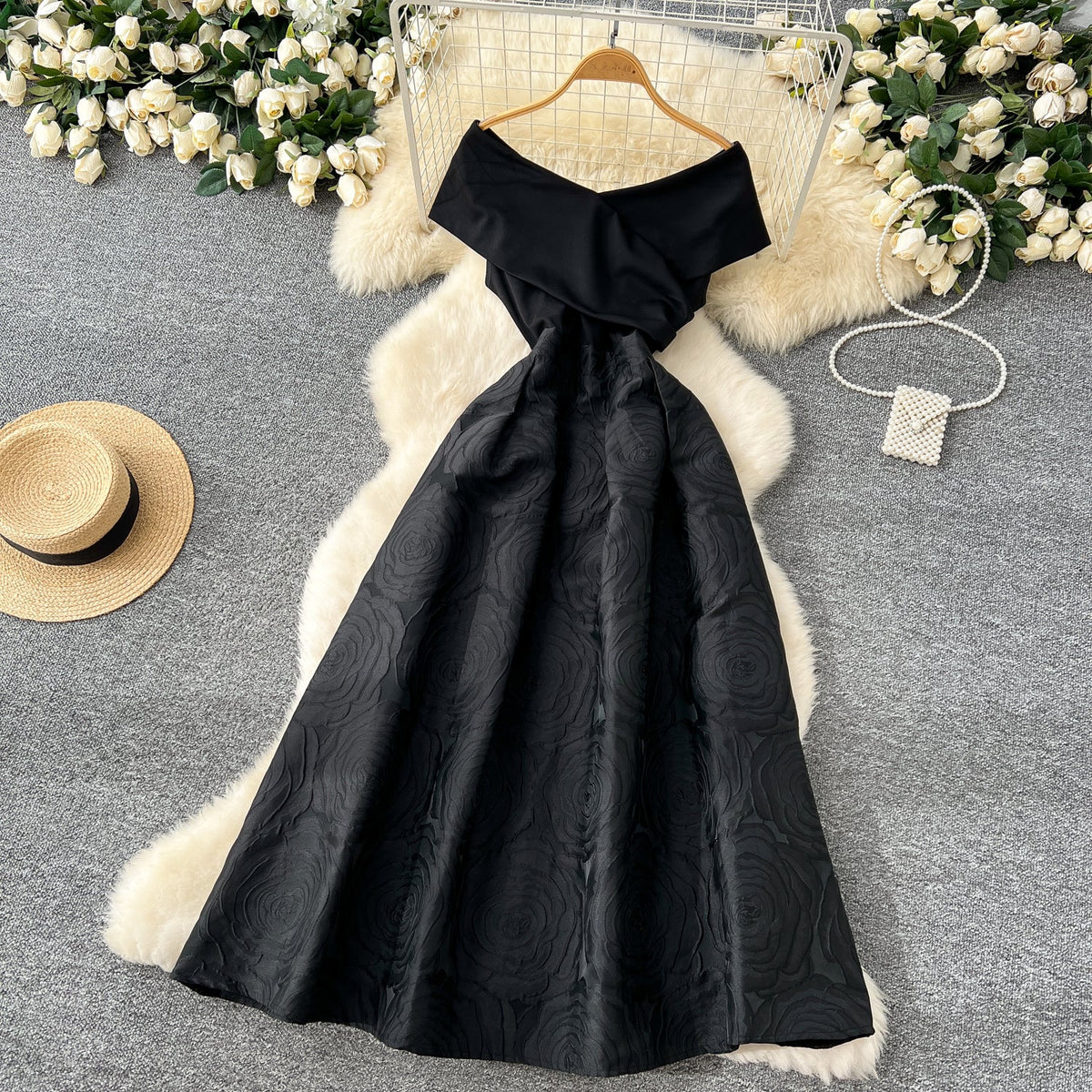 Off-shoulder Jacquard Patchwork Dress