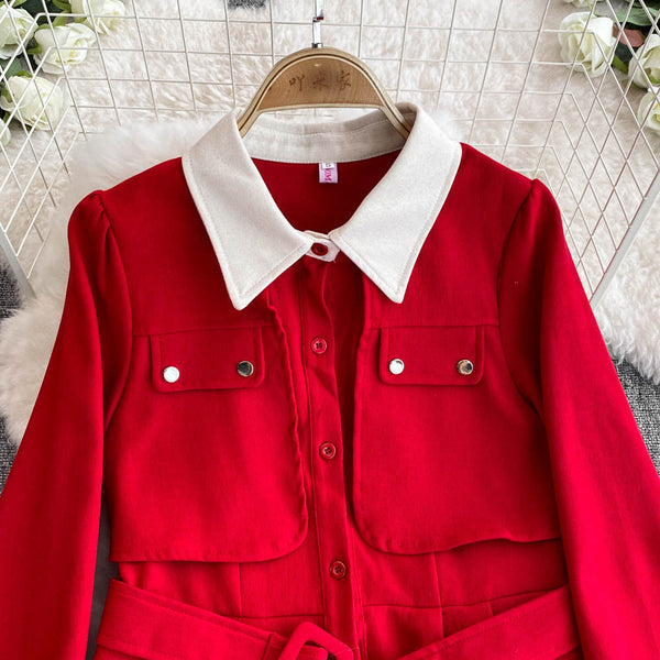 Faux Two-pieces Shirt Dress with Belt