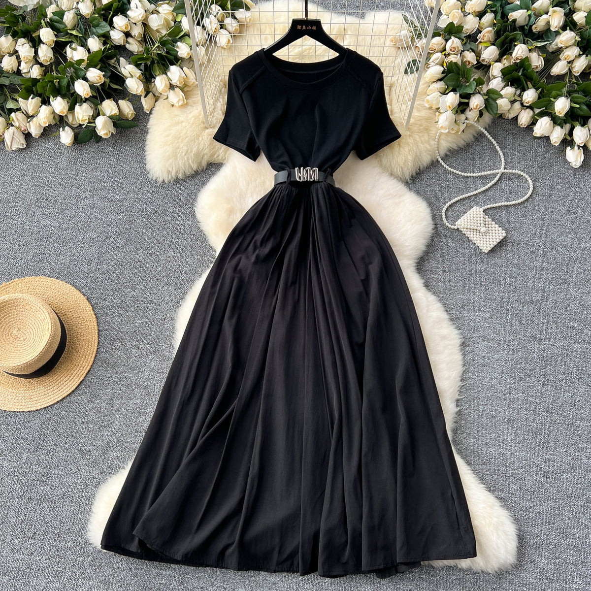 Round Collar Draped Patchwork Dress